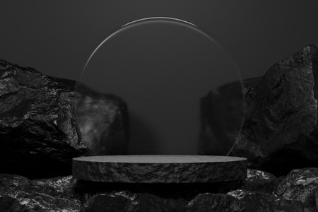 black Empty podium Blank product shelf standing backdrop. 3D rendering.の写真素材