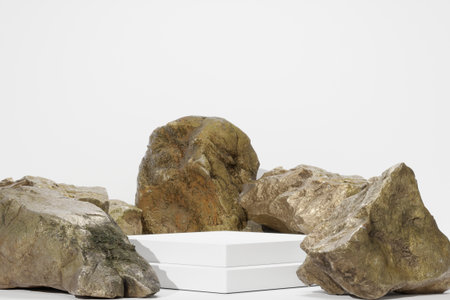 Empty whaite podium Blank product shelf standing backdrop. 3D rendering.
