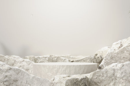 Rock stone white podium Blank product shelf standing backdrop.の写真素材