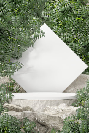Rock stone white podium Blank product shelf standing backdrop.の写真素材