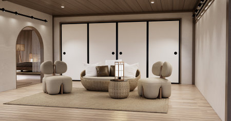Muji Sofa armchair on Living room empty japandi style.