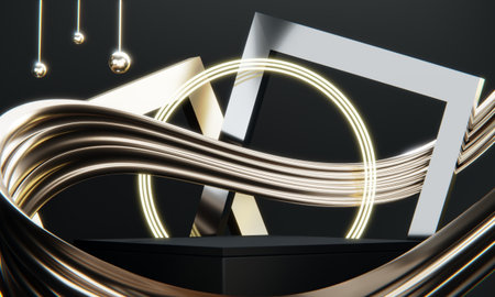 Fashion product background and stand black podium display with blank backdrops.
