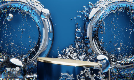 blue podium and water drop Abstract on the blue background.の写真素材