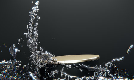 black podium and water splashing on white background.3D renderingの写真素材