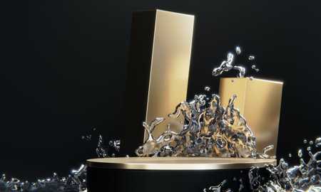 black podium and water splashing on white background.3D renderingの写真素材