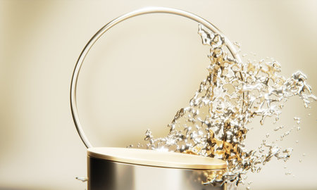 the product display stand and gold water splashing on background.の写真素材