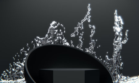 black podium and water splashing on white background.3D renderingの写真素材