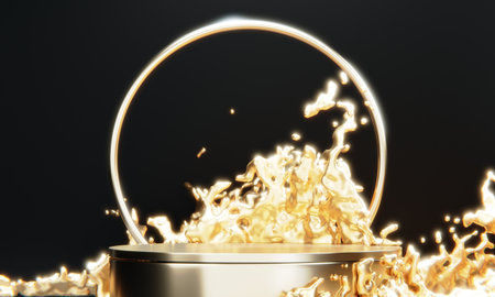 the product display stand and gold water splashing on background.の写真素材