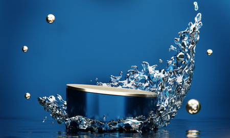 blue podium and water drop Abstract on the blue background.の写真素材