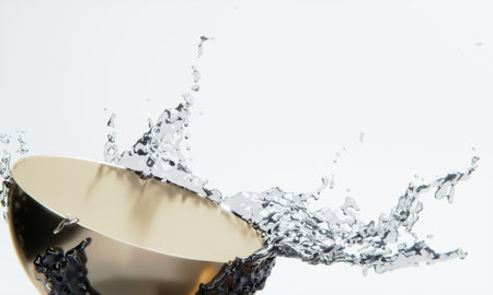 gold podium and water splashingt on white background.の写真素材