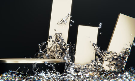 black podium and water splashing on white background.3D renderingの写真素材