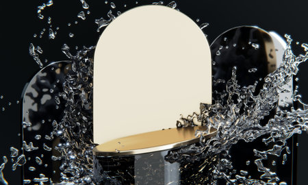 black podium and water splashing on white background.3D renderingの写真素材