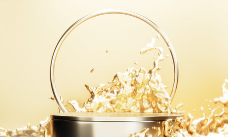 the product display stand and gold water splashing on background.の写真素材