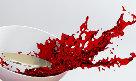 the product display stand and red water splashing on background.の写真素材