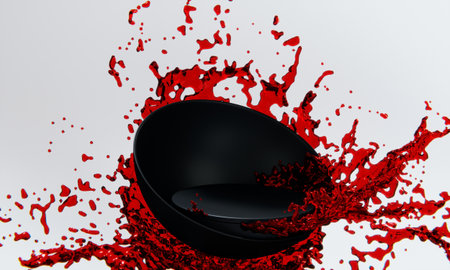 the product display stand and red water splashing on background.の写真素材