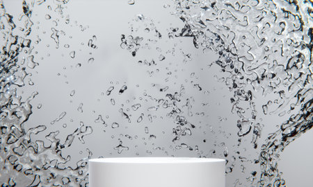 white podium and water splashingt on white background.