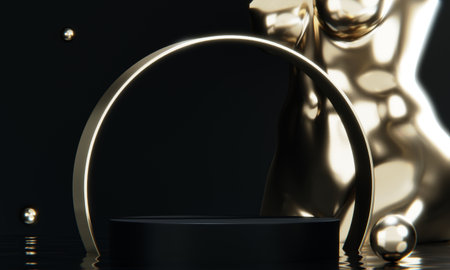 Water splashing on the female statue and  display stand for women's products, black style.の写真素材