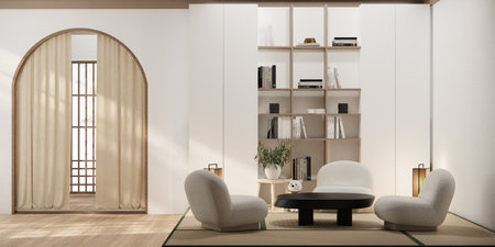 Minimalist japandi style living room decorated with sofa.