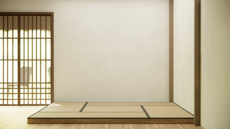 Nihon room design interior with door paper and wall on tatami mat floor room japanese style.の写真素材