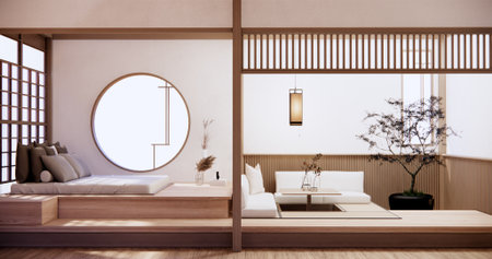 Japan style empty room decorated with wooden bed, white wall and wooden wall.の写真素材