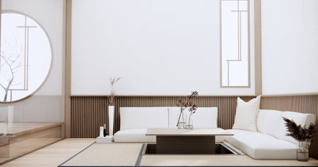 Minimalist japandi style living room decorated with sofa.