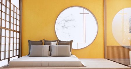 Japan style empty room decorated with wooden bed, white wall and wooden wall.の写真素材