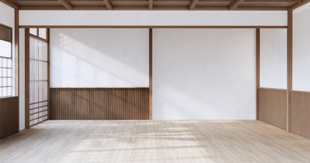 Japan style empty room decorated with white wall and wood slat wallの写真素材