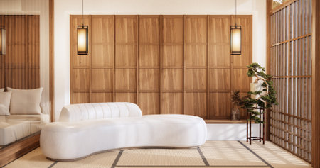 BIg roominterior design in modern living room with black low table ,lamp,vase, and decor Japanses style.の写真素材