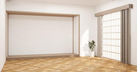 Modern japan style empty room decorated with white slat wall.の写真素材