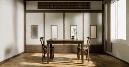 dinner room japanese style with long table and wooden chairs in room japandi.の写真素材