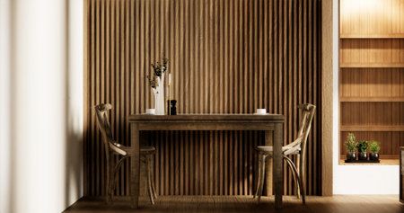 dinner room japanese style with long table and wooden chairs in room japandi.