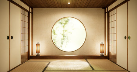 Circle window japan style on Empty room minimalist room interiorの写真素材