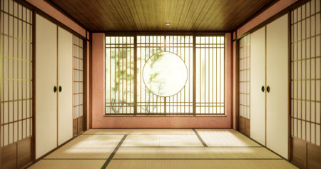 Circle window japan style on Empty room minimalist room interiorの写真素材