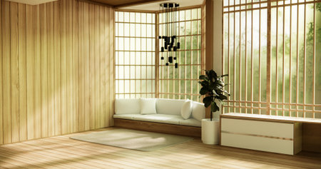 Wooden Arm chair and partition japanese on room tropical interior.3d renderingの写真素材