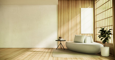 Wooden Arm chair and partition japanese on room tropical interior.3d renderingの写真素材