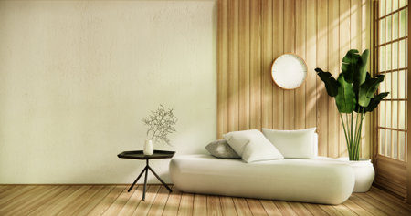 Wooden Arm chair and partition japanese on room tropical interior.3d renderingの写真素材