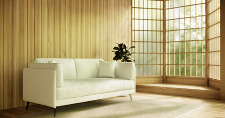 Wooden Arm chair and partition japanese on room tropical interior.3d renderingの写真素材