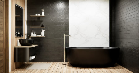 Wooden and black granite wall in Japan bathroom modern Onsen minimal style