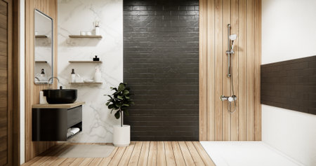 Wooden and black granite wall in Japan bathroom modern Onsen minimal style
