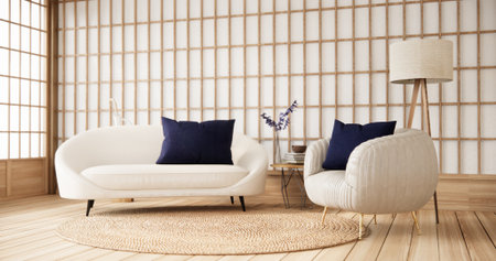 Purple japan interior style has a armchair sofa on living room minimal