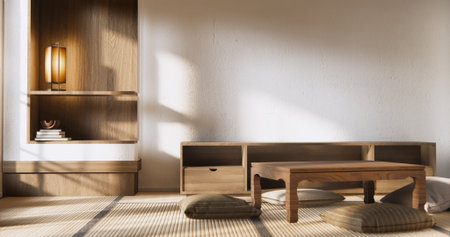 Modern with low table and pillow on minimal room japan style.