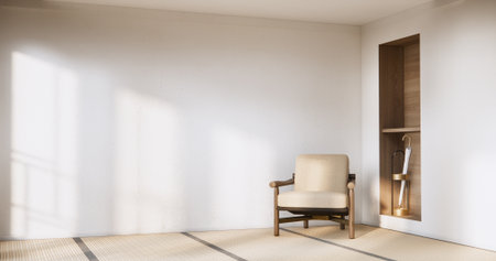 Interior mock up with armchair in japanese living room with empty wall.の写真素材
