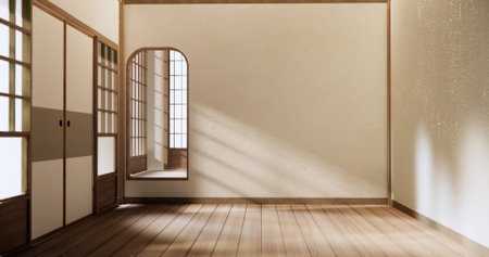 Shelf empty door on wall with wood floor design Japan style.の写真素材