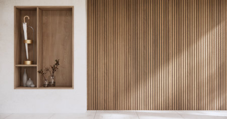 Empty room minimal with wood panels wall backgroundの写真素材