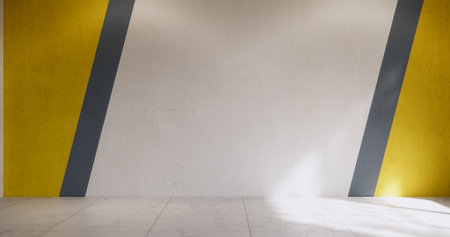 Gray and yellow wall on white granite floor.の写真素材