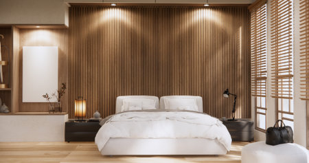 Bedroom minimal Modern wall and wooden tiles floor.の写真素材
