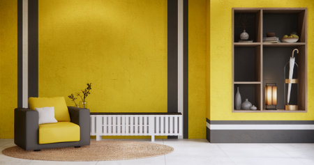 Living room Black and yellow wall colorful with sofa armchair and tiles granite floor.の写真素材