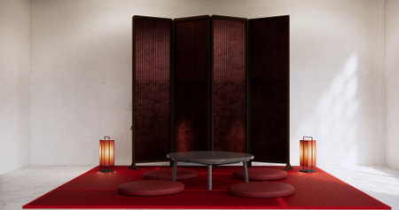 Red style low table in living room Japanese style with decorationの写真素材