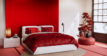 Red Bedroom minimal Modern wall and wooden tiles floor.の写真素材