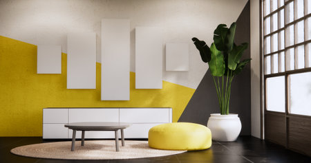 Black and yellow wall on white granite floor.の写真素材